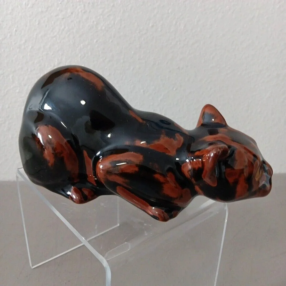 Crouching Calico Cat Figurine Drip Glazed Ceramic 8